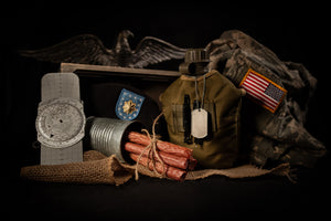 beef jerky sticks with American military decoration highlighting dog tags, military flag, and equipment